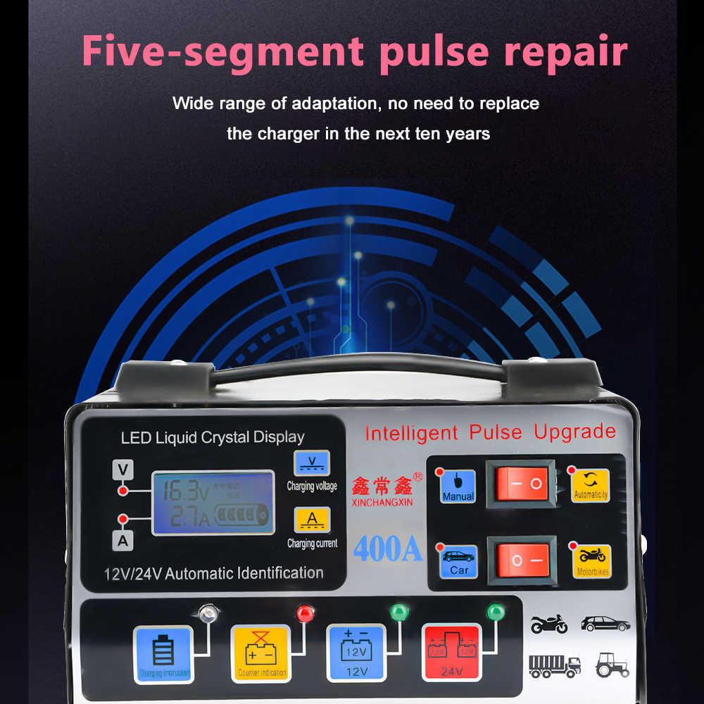 12V/24V Car Battery Charger Universal Intelligent Pure Copper Pulse Repair Automatic Battery Charger chargeur voiture carregador