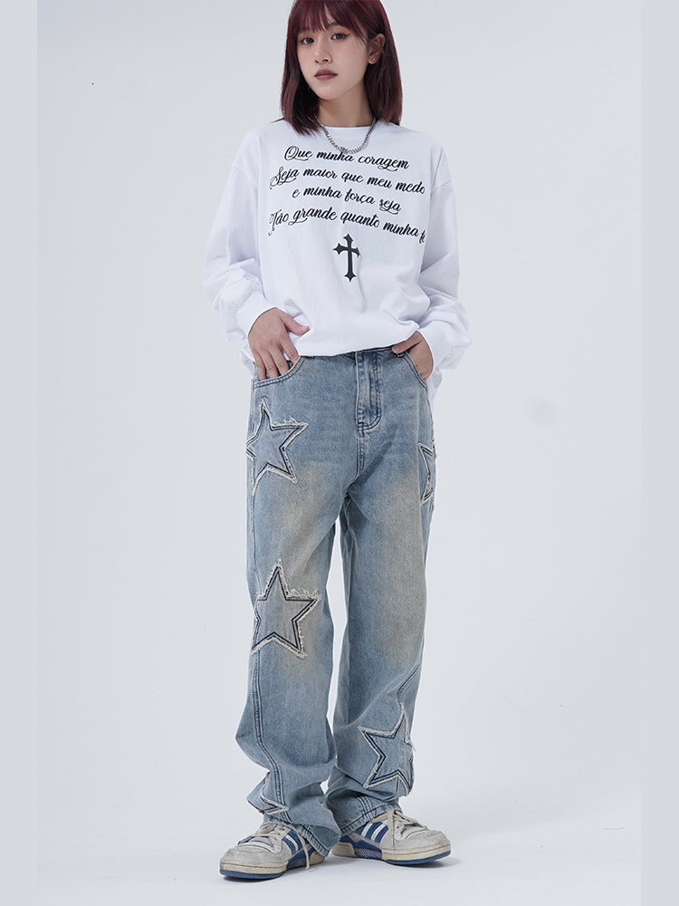 Women's Jeans Tawaaiw American Retro Pentagram Straight Women Jeans Femme Blue Denim Trousers Autumn Spring Boyfriend Jeans For Women Y2k 230421