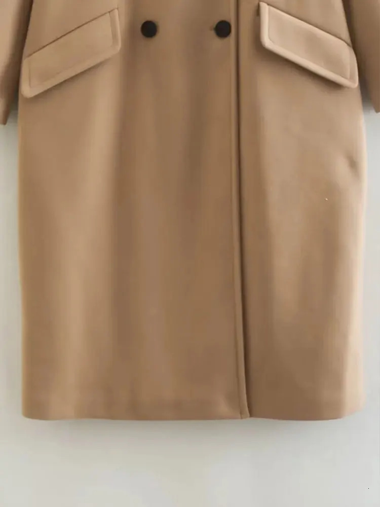 Women's Wool Blends Nlzgmsj TRAF Women Autumn Winter Thick Long Coats Vintage V Neck Sleeve Pockets Jackets 2023 Elegant Female 231120