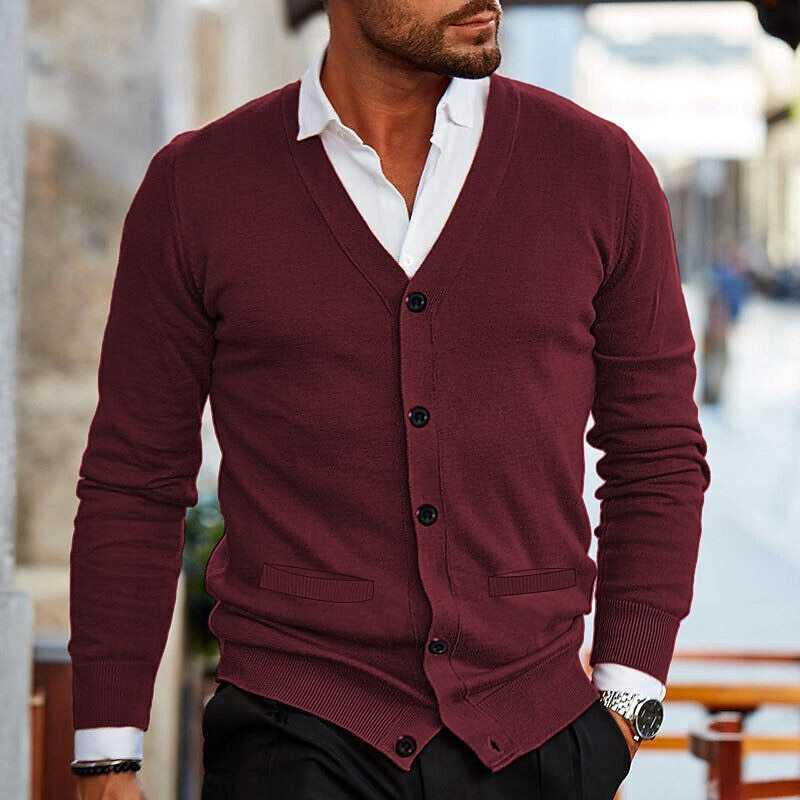 Men have double side pockets autumn and winter new knitwear V-neck long sleeve slim-fit sweater cardigan Q231121