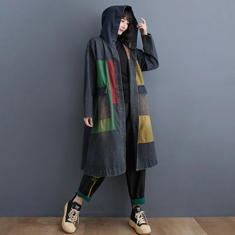 Women's Jackets 7057 Autumn Winter Long Denim Jacket Spliced Color Hooded Jeans Loose Pockets Streetwear Windbreaker Coat 231120