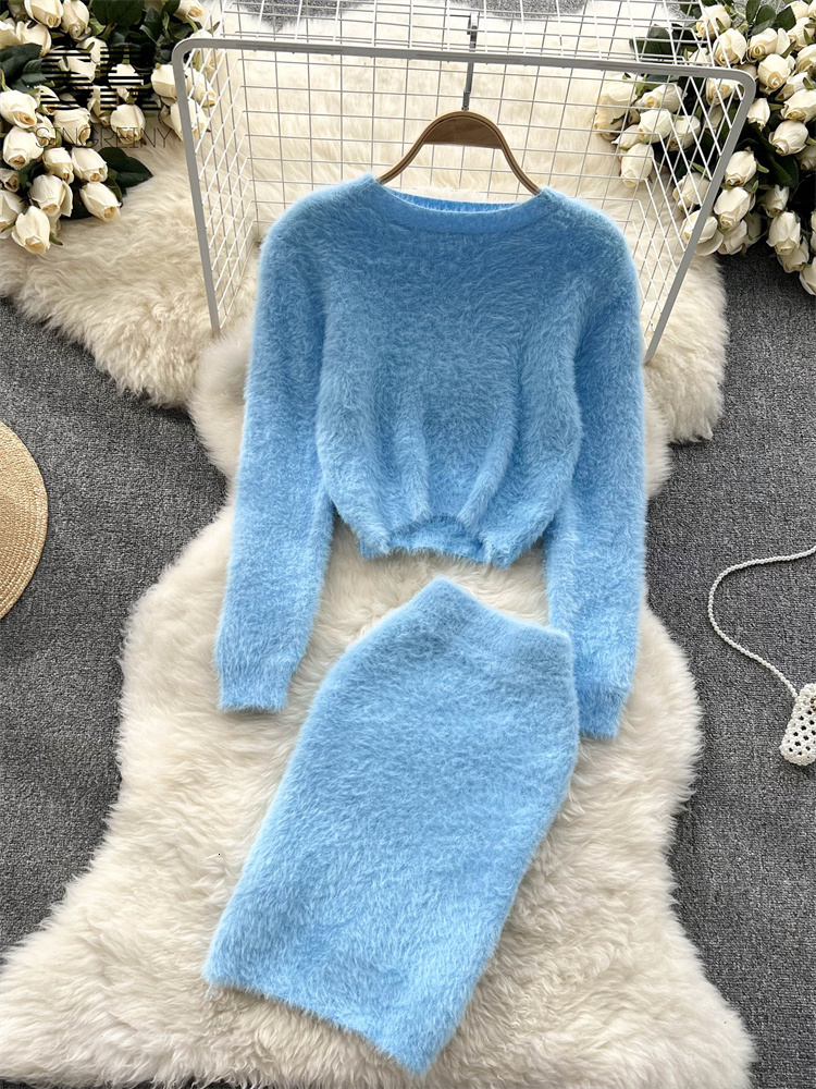 Two Piece Dress SINGREINY Solid Autumn Knit Two Piece Suits Fashion Women Long Sleeve O Neck Short Tops Mini Skirt Solid Winter Sweater Sets 230421