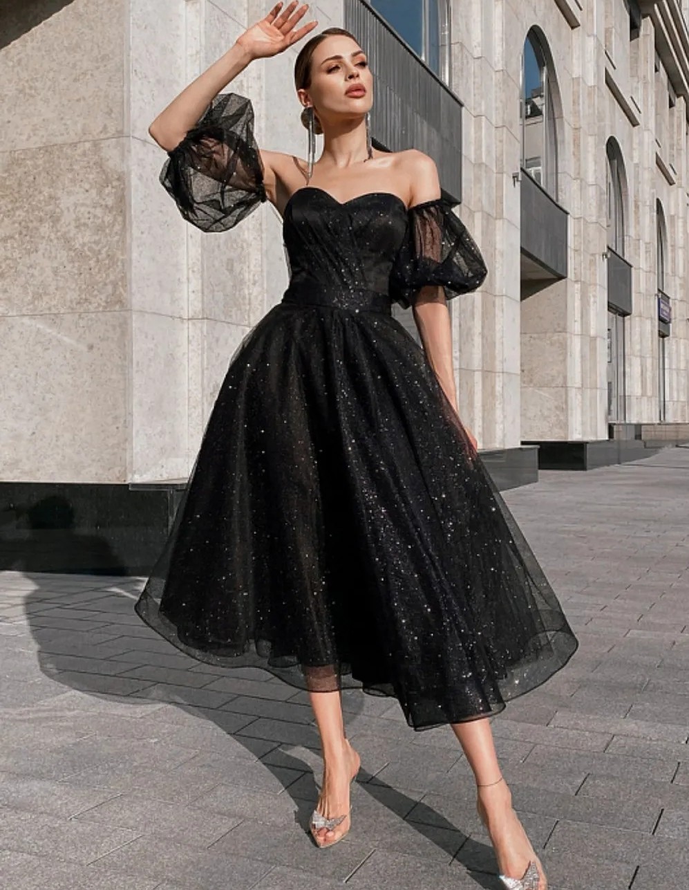 New Black Sequins Prom Dress 2024 With Removeale Sleeves Sweetheart Tea Length Evening Formal Birthday Party Gowns Robe De Soiree Vestidos De Noche