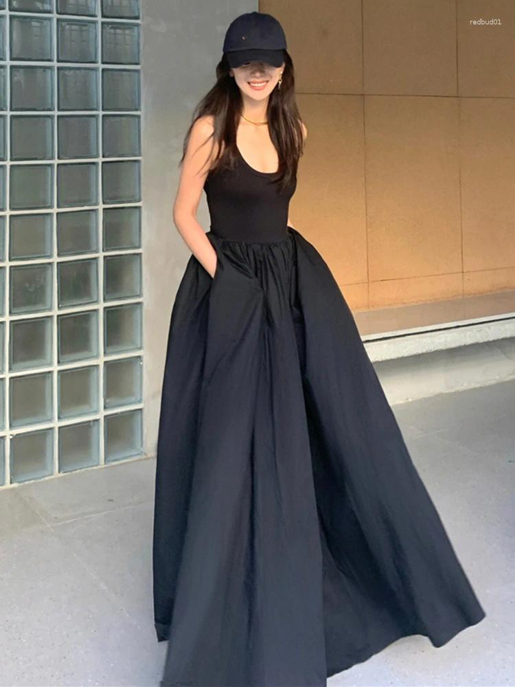 Casual Dresses Women Summer Elegent Sleeveless Big Swing Long Black Dress Female Fashion One Piece Vestidos Korean C