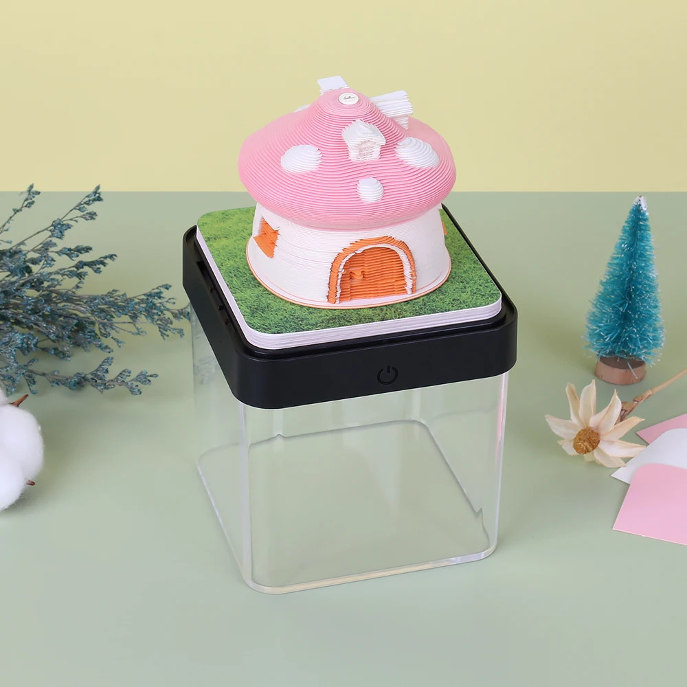 Christmas Decorations Omoshiroi Block 3D Calendar 2024 Notepad Mushroom Houes With Lights Memo Pads Paper Art Note Gift 231121