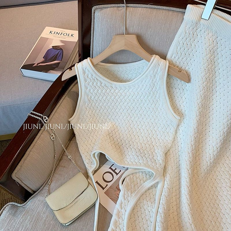 Two Piece Dress Tanks Tops Camis Crop O Neck Lace Up Blouse Sleeveless T Shirt A Line White Skirts Knitting Two Piece Sets Slim Spring Wild 230421