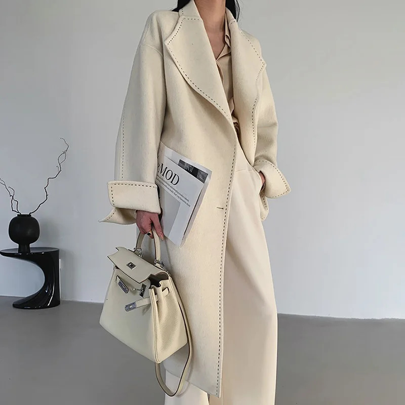 Women's Wool Blends Women Real Coat Lady's Fashion Winter Autumn Chic Jacket Belt Long Sleeve Pockets Trench Hx5780 231120