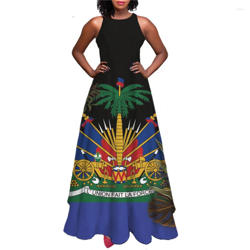 Casual Dresses Doginthehole Style Women Sleeveless Long Dress Haiti Flag Printed Ladies High Waist Swing Female Vestidos 2023