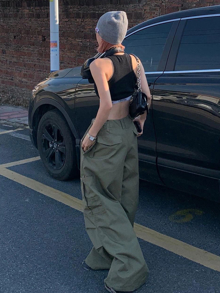 Women's Pants Capris HOUZHOU Army Green Low Rise Parachute Pants Women Cyber Y2K Vintage Pockets Cargo Trousers Oversize Wide Leg Joggers Edgy St