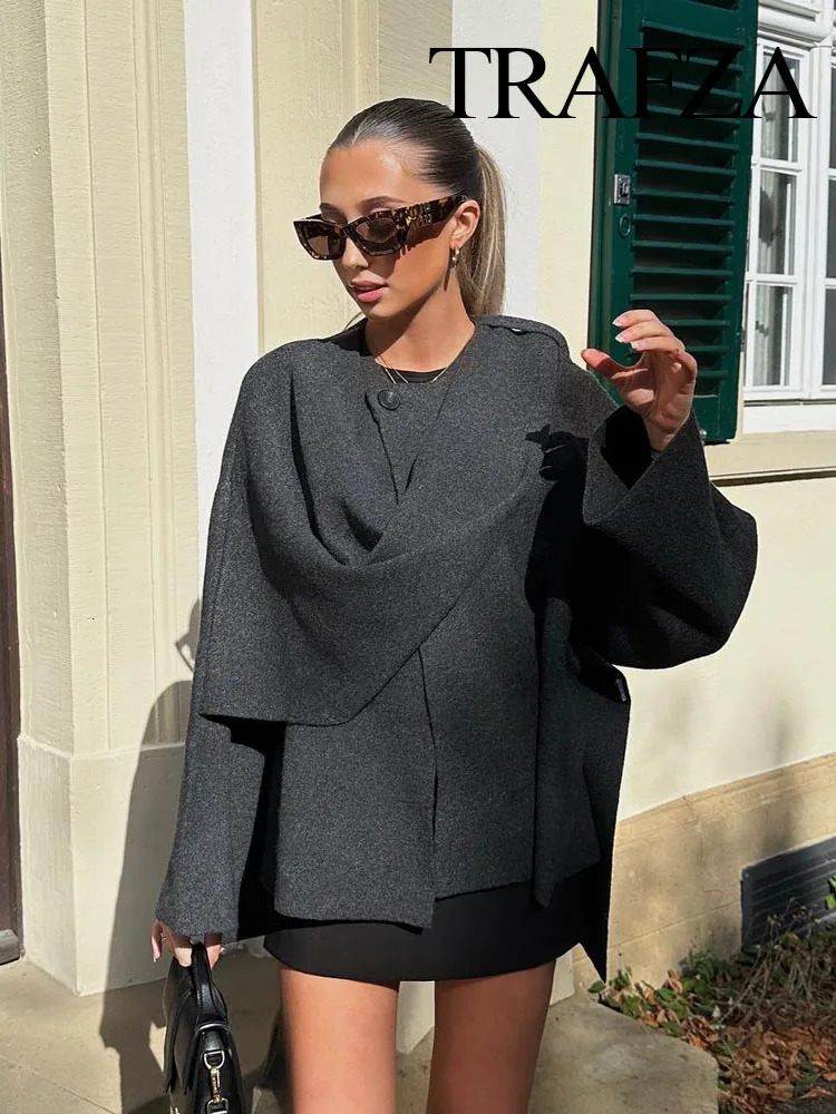 Womens Jackets TRAFZA Winter Fashion Asymmetric Scarf Short Knitted Coat Long Sleeve Single Button Loose Woolen Jacket 231120