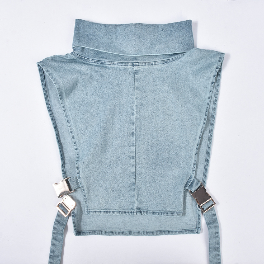 Womens TShirt Crop Top Denim Vest Sleeveless Buckle Side Hollow Out Korean Style Turtleneck Jeans Tank Streetwear y2k Clothes 230420