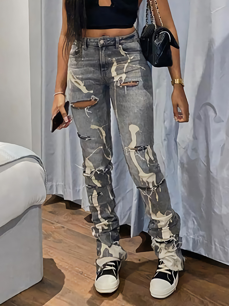 Women's Jeans Sifreyr Fashion Cotton Hole Jeans Women Y2K Stacked Pants Casual Chic Print Ripped Denim Skinny Trousers Gray Elastic Slim Jeans 23