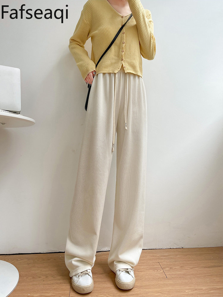 Women's Pants Capris Autumn Floor Length Sports Pants for Women Loose Elastic Waist Wide Leg Trousers Rib Knitted Sweatpants Female Stacked Pants