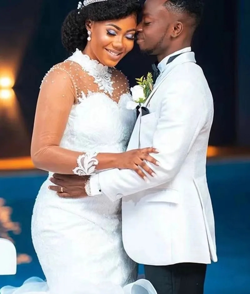 Mermaid African Wedding Dress High Neck Long Sleeves Pearls Ruffles Tiered Organza Bridal Gowns New Vestidos Novia Robe De Mariage