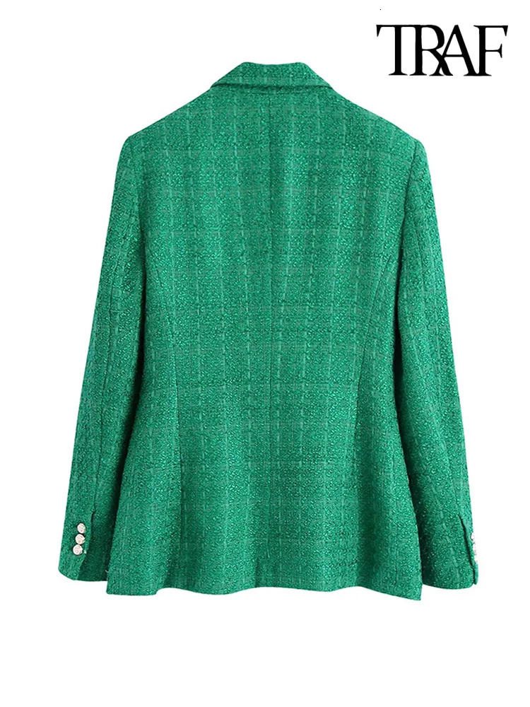Women's Suits Blazers TRAF Women Fashion Double Breasted Tweed Green Blazer Coat Vintage Long Sleeve Flap Pockets Female Outerwear Chic Veste 231