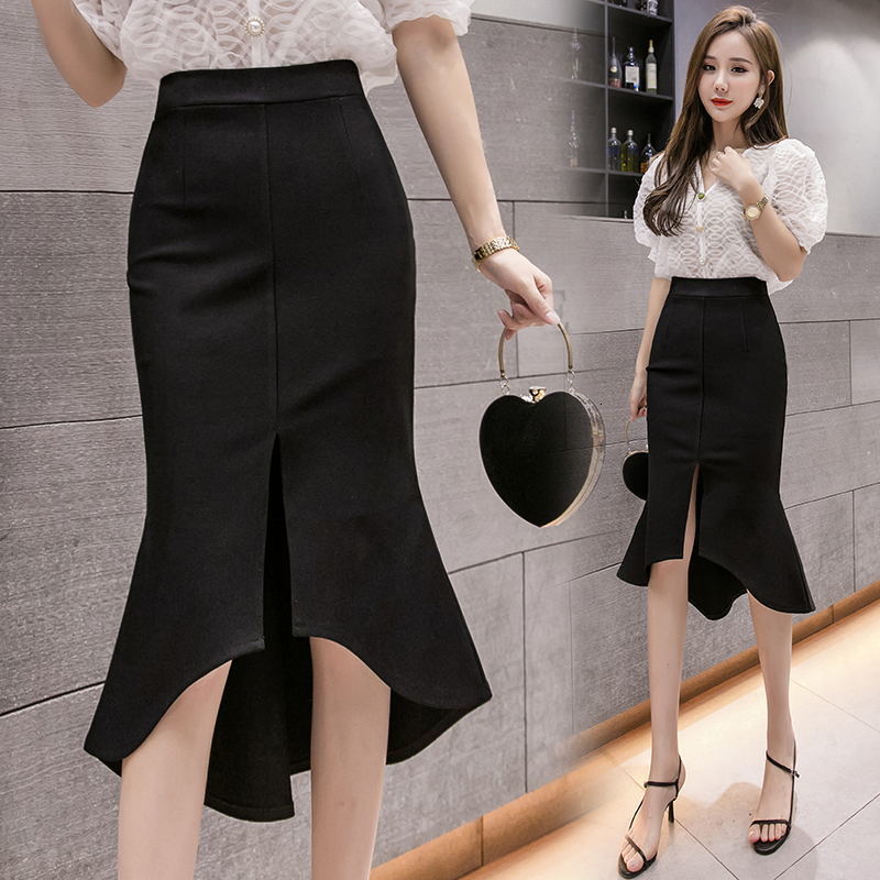 Skirt Black s Vintage Ruffles High Waist Split Midi Office Lady Irregular Stitching Mermaid Femme 230420