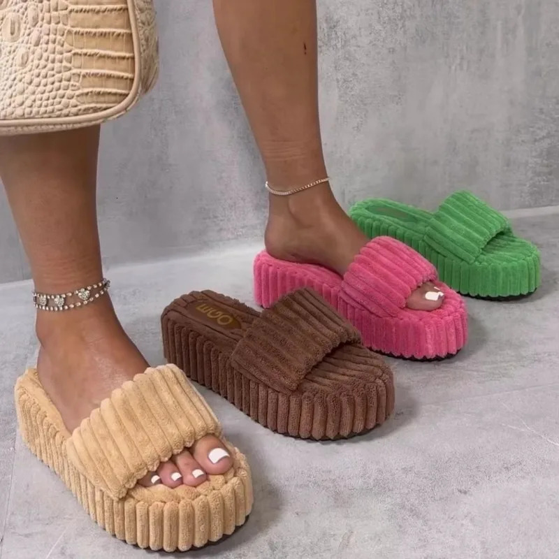 Slippers Women's High Heels Fur Slippers Winter Shoes Fashion Plush Warm Flip Flops Thick Bottom Mules Cotton Shoes High Heels Women 231120