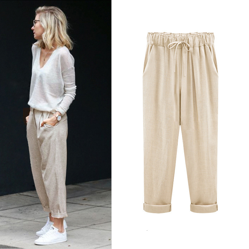 Women's Pants Capris Cotton Linen Pants Elastic high Waist Ankle Length Casual Women Loose spring pants 230421