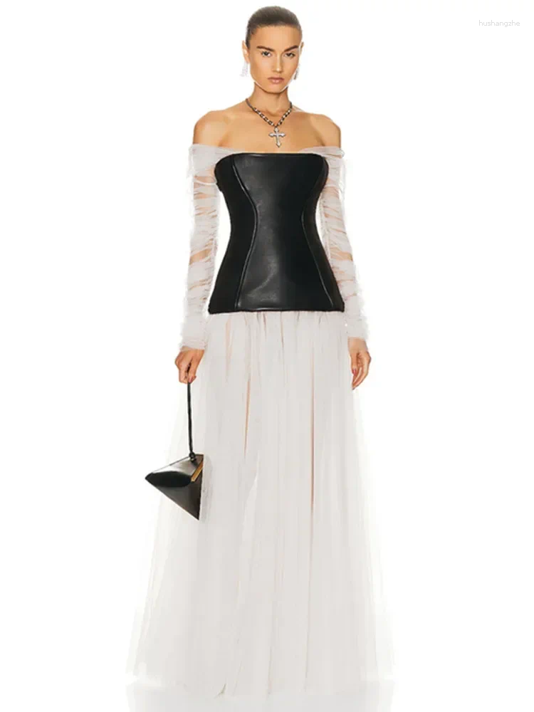 Casual Dresses Luxury Elegant Prom Gowns Women Long Sleeve Off Shoulder White Mesh Black Leather Patchwork Maxi Celebrity Evening