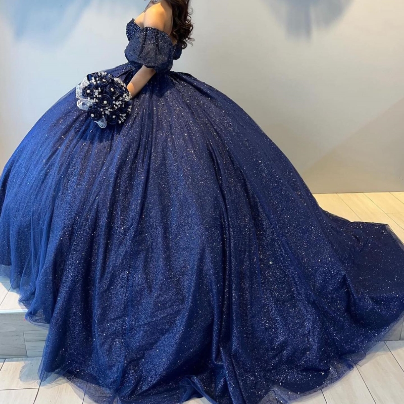 Sexy Sweetheart Navy Blue Shiny Quinceanera Dresses Short Sleeves Beads Vestidos De 15 Anos Court Train Birthday Party Gowns