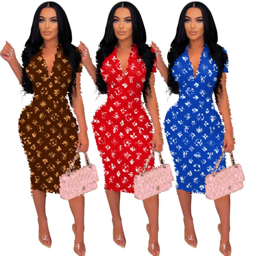 Women's casual dress 2023 summer new print deep V tight sexy short sleeved dress designer brand women's dress