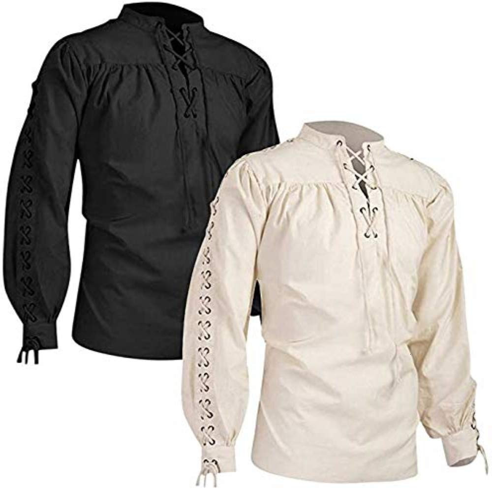 Men's Casual Shirts Medieval Tunic Viking Pirate Costume Gothic Clothes Vintage Shirt Ruffle Neckline Drawstring Knight Cosplay Top 230420