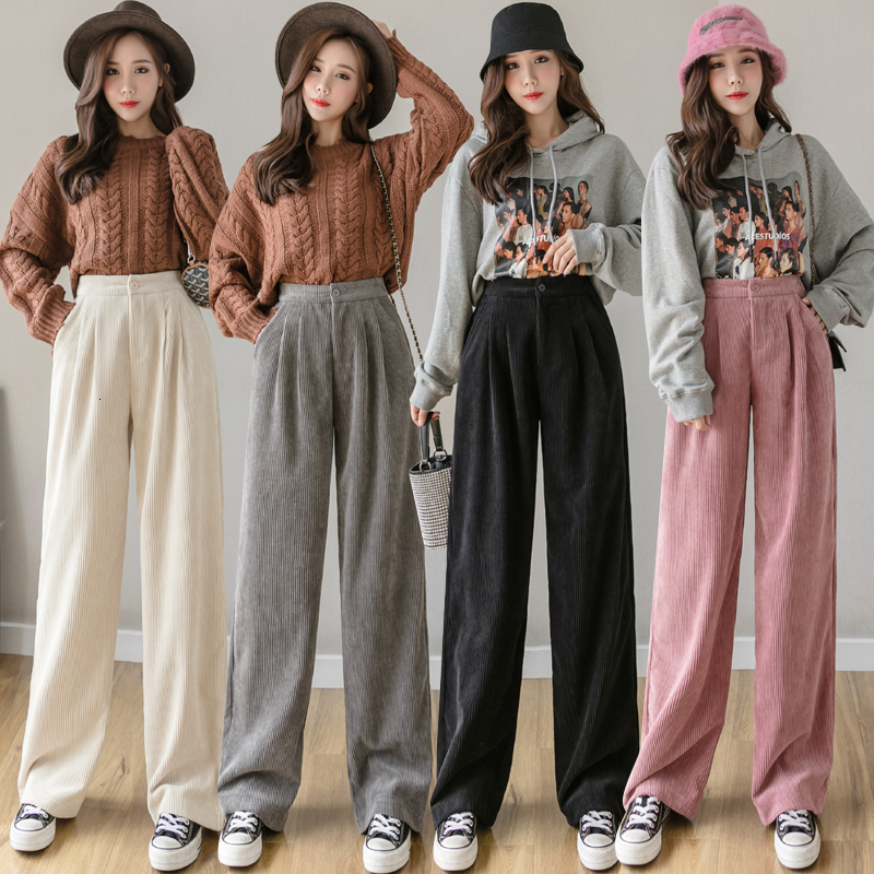 Women's Capris Winter Corduroy Women With Pockets Gray Beige Black Pink Loose High Waist Wide Leg Pants Woman Trousers 230421 Z260314