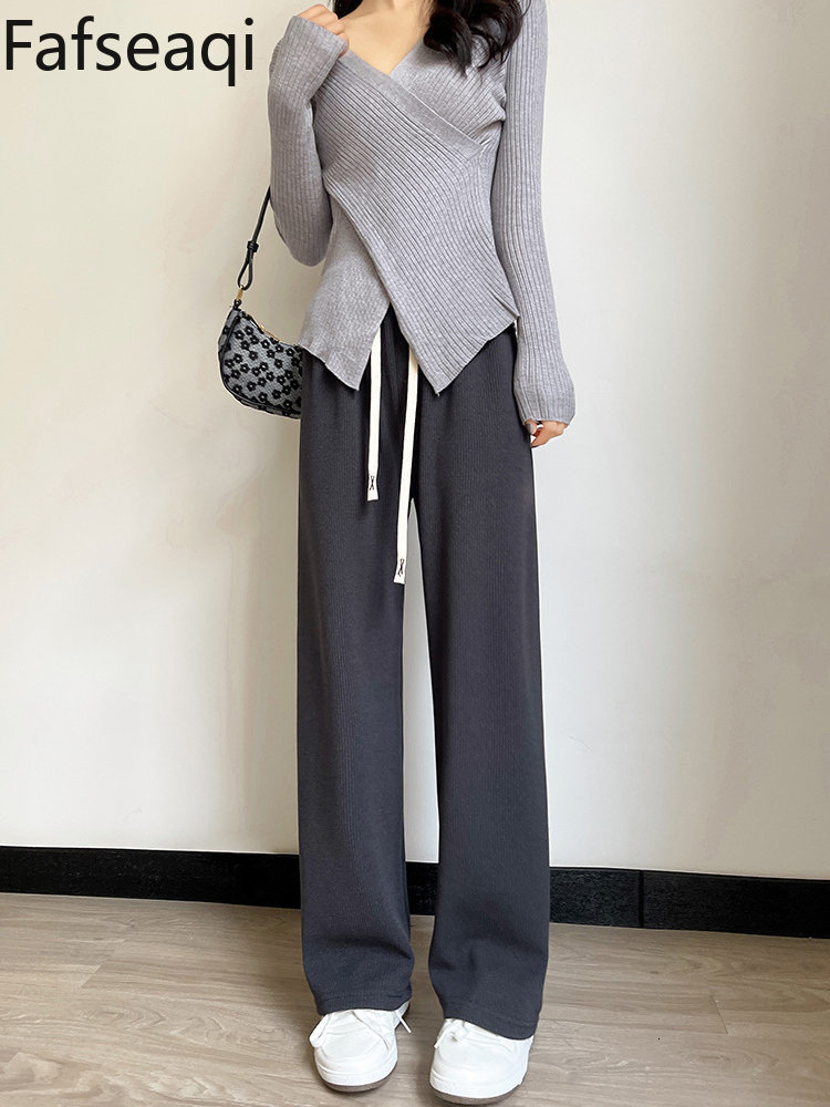 Women's Pants Capris Autumn Floor Length Sports Pants for Women Loose Elastic Waist Wide Leg Trousers Rib Knitted Sweatpants Female Stacked Pants