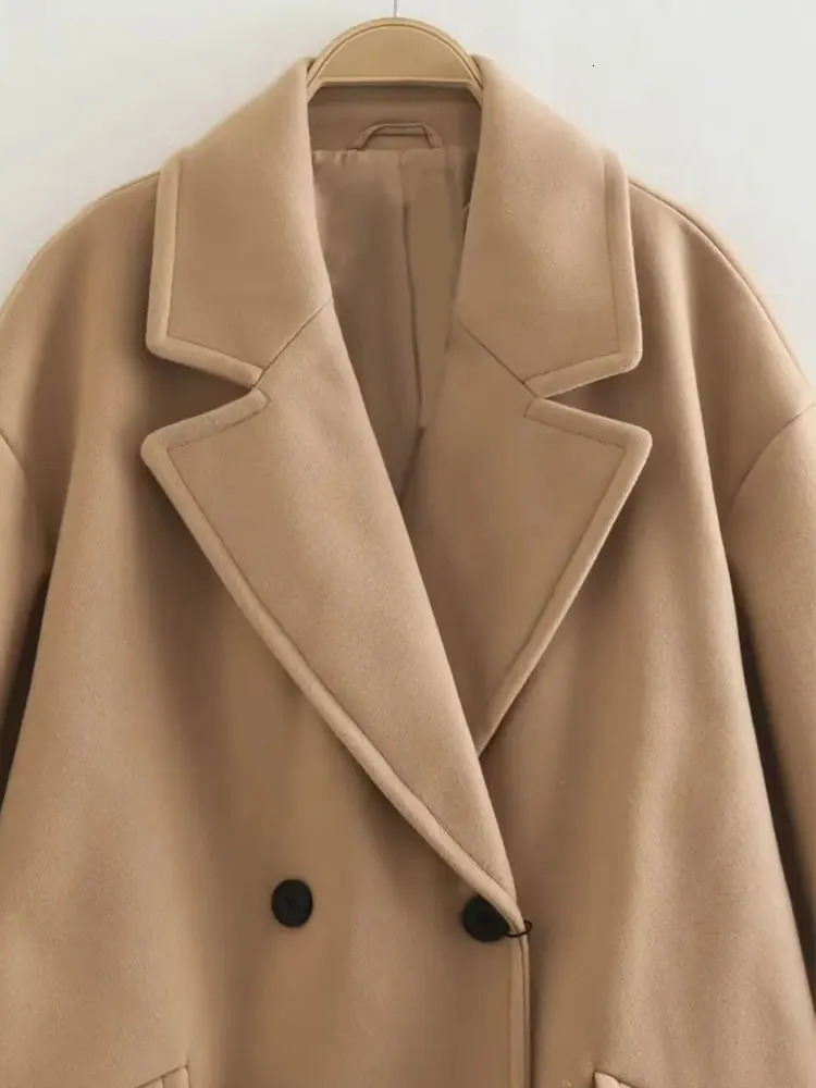 Women's Wool Blends Nlzgmsj TRAF Women Autumn Winter Thick Long Coats Vintage V Neck Sleeve Pockets Jackets 2023 Elegant Female 231120