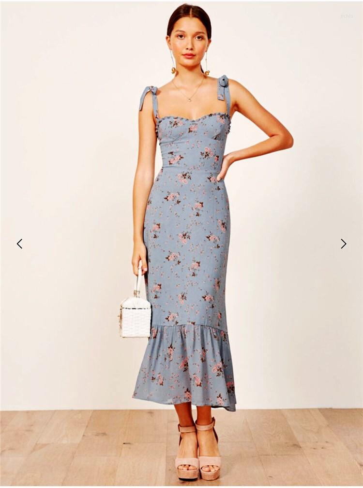 New Casual Dresses Summer 2024 Women Spaghetti Strap Chiffon Dress Runway European Bohemian Floral Printed Midi Ruffles