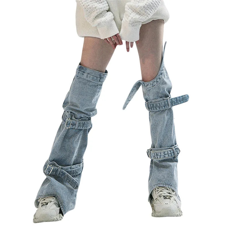 Socks Hosiery Women s Y2K Denim Leg Warmers 80s Knee High Harajuku Buckle Jean Punk Gothic Cover Stockings Streetwear 231120