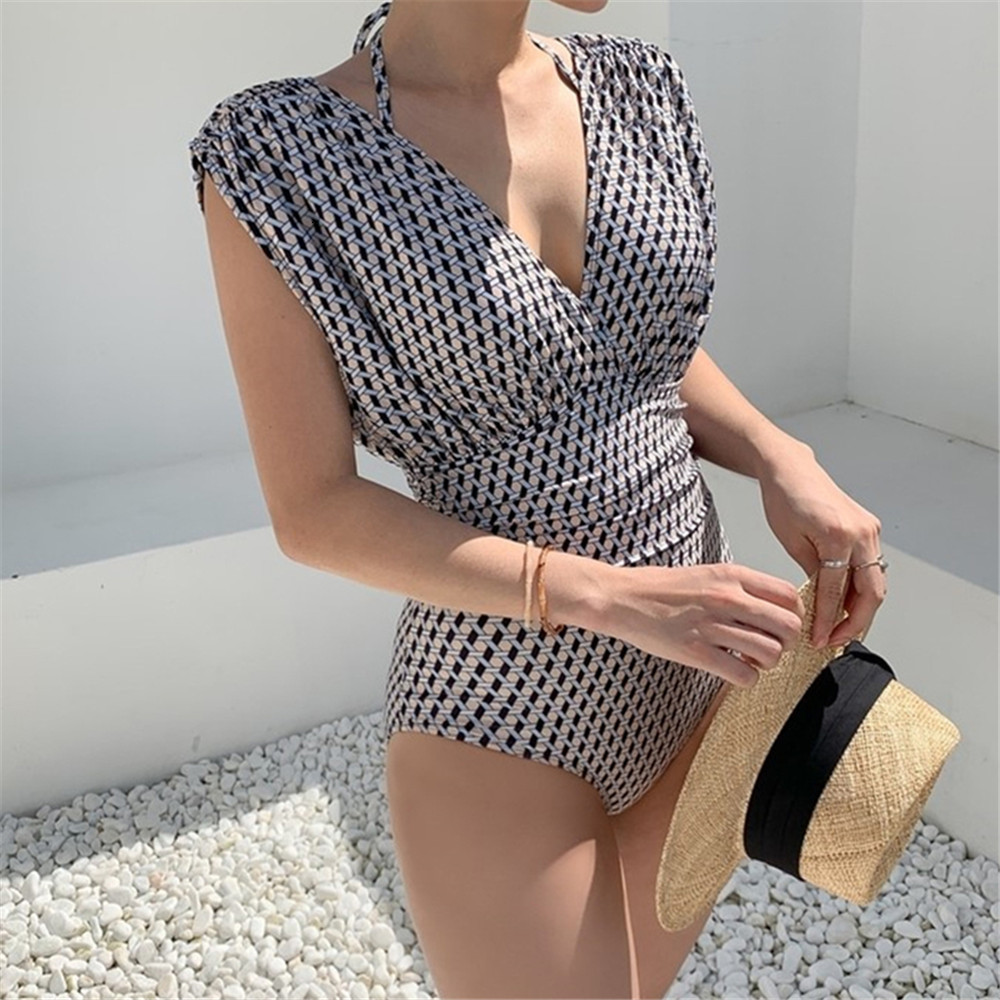 Women's Swimwear Sexy High Cut Swimsuit Women Plaid Print Swimwear V Neck Monokini Vintage Swim Suit Open Back Trikini Pad Bathing Suit 230421