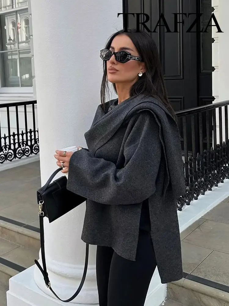 Womens Jackets TRAFZA Winter Fashion Asymmetric Scarf Short Knitted Coat Long Sleeve Single Button Loose Woolen Jacket 231120