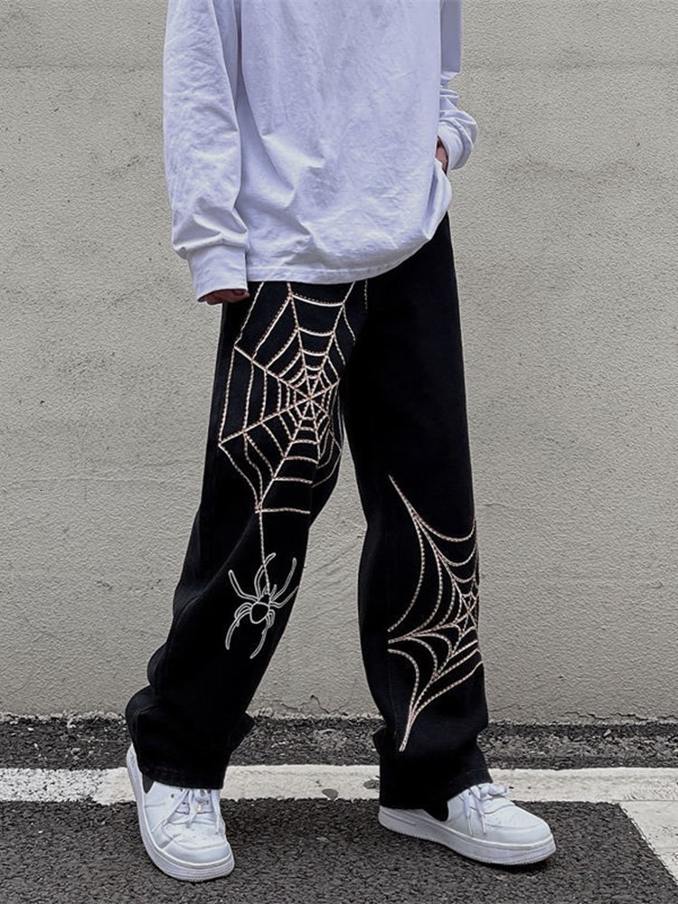 Women's Pants Capris Grunge Punk spider web print Black Women's pants goth Streetwear Oversize Wide Leg Trousers 90s Vintage y2k clothes car