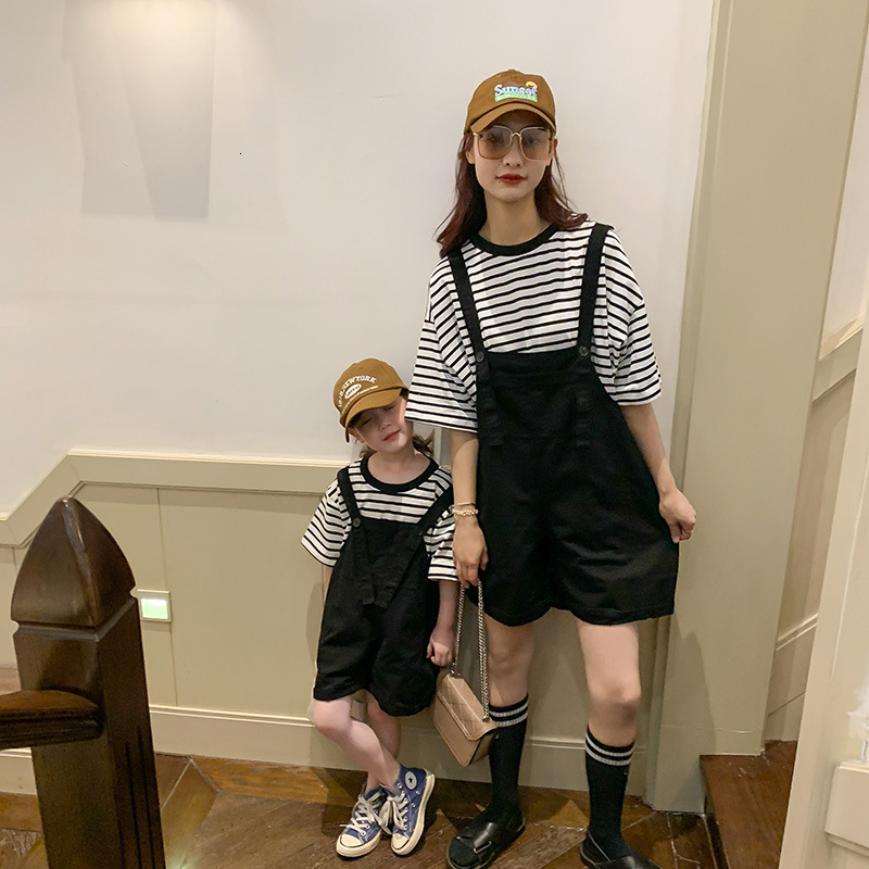 Family Matching Outfits Summer Mother 2-12 Years Daughter Mom Kids Girls Women Family Matching Outfits Striped Short Sleeve T-shirt Overalls Set 23042