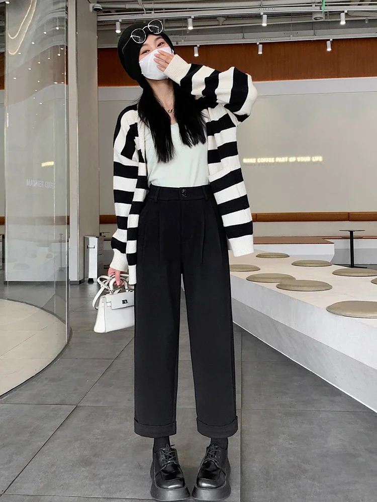 Women's Pants Capris Fall Winter Woolen Harem Pants Women Straight Thickened Nine-point Trouser Female High Quality Casual Wide Leg Outwear Pant 