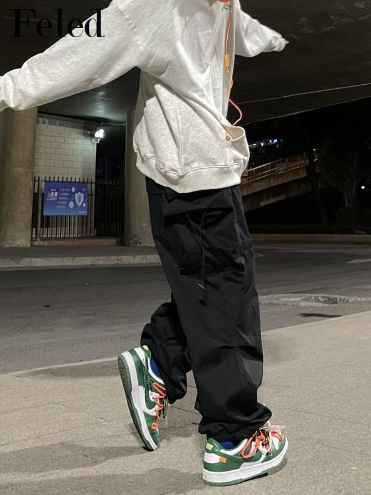 Women's Pants Capris HOUZHOU Retro Hippie Gray Baggy Parachute Pants Women Y2K Streetwear Oversize Pockets Wide Leg Cargo Trousers Female Harajuk