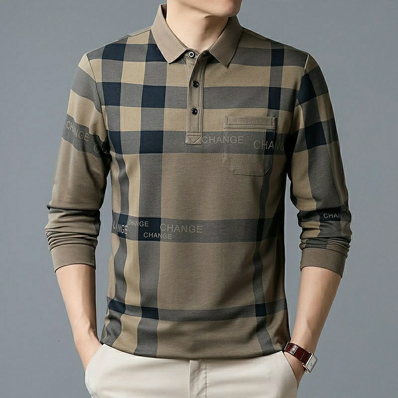 Men's Polos Fashion Men Striped Plaid Vintage Polo Shirts Spring Autumn Long Sleeve Business Male Clothes Basic Pockets Casual Loose Tops 230421