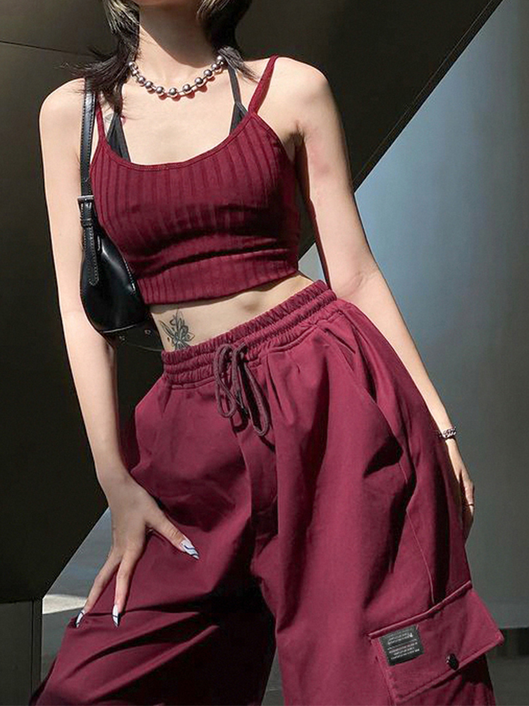 Women's Pants Capris Weekeep Red Baggy Cargo Pants Drawstring Elastic High Waist Casual Pants Pocket Korean Fashion Sweatpants Streetwear Women S