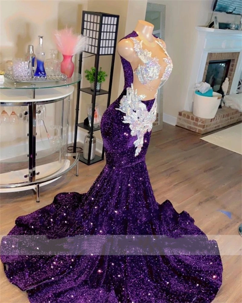 Sheer Grape O Neck Long Prom Dress For Black Girls Sparkly Sequined Birthday Party Dresses Beaded Appliques Evening Gowns