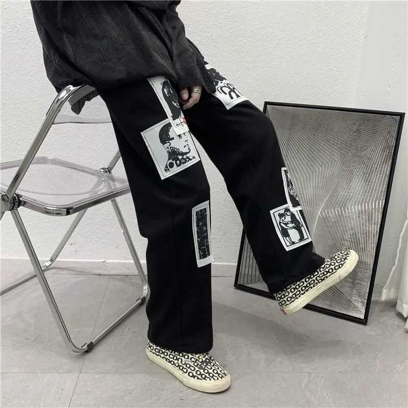 Men's Jeans Korean Fashion Unisex High Waist Hippie Pants Baggy Jeans Trousers Graffiti Comic Stickers Harajuku Straight Wide Leg Y2k Pants J2304