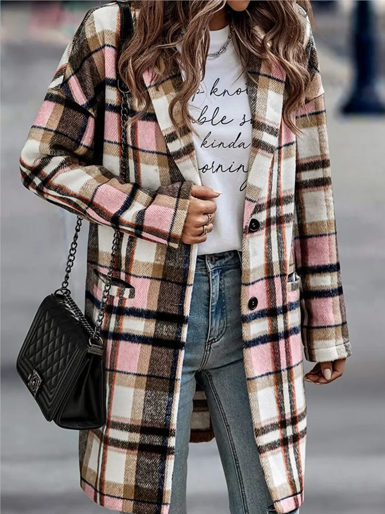 Women's Wool Blends Woolen Autumn Long Coat Women Sleeve Plaid Striped Print Ladies Coats Fashion Casual Loose Woman 2023 231120