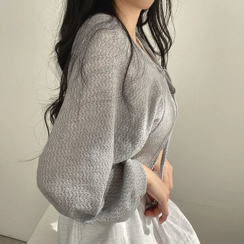 Women's Knits Tees Lucyever White Knitted Cardigan Women Summer Thin Sunscreen Lace-Up Knitwear Tops Female Korean Style Lantern Sleeve Short Coa