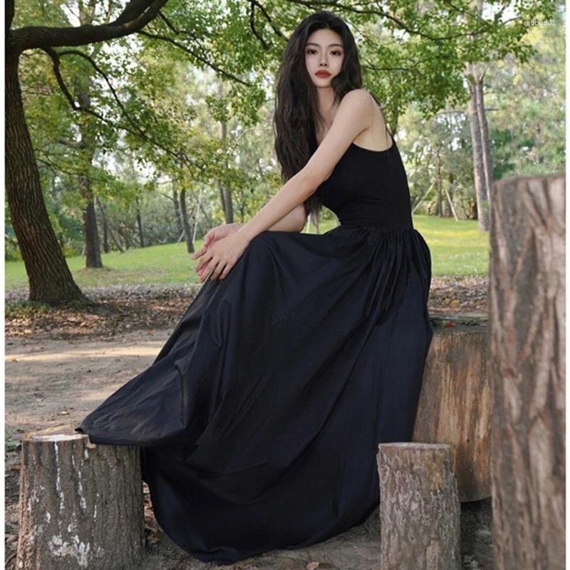 Casual Dresses Women Summer Elegent Sleeveless Big Swing Long Black Dress Female Fashion One Piece Vestidos Korean C