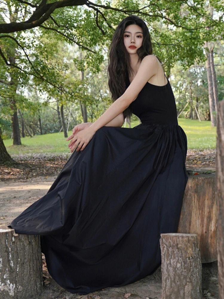 Casual Dresses Women Summer Elegent Sleeveless Big Swing Long Black Dress Female Fashion One Piece Vestidos Korean C