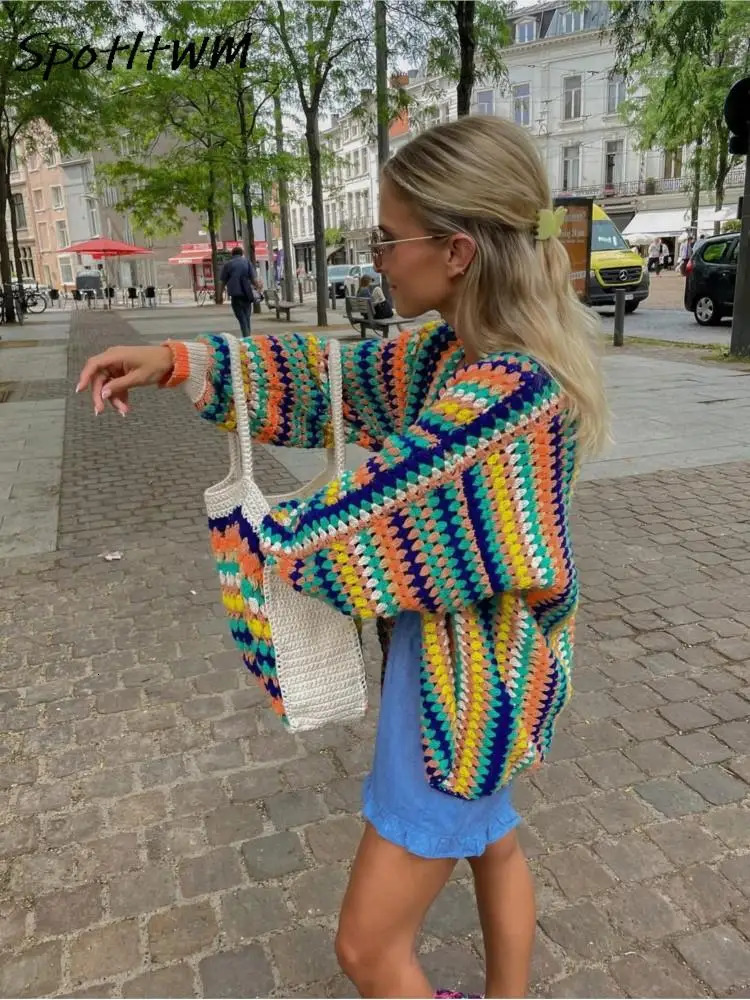 Women's Vintage Crochet Striped Knit Cardigan - Colorful Open , Loose Fit, Autumn Casual Streetwear