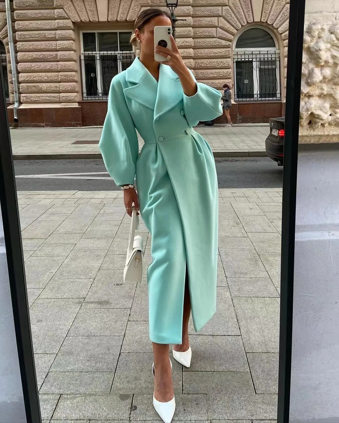 Women's Wool Blends Autumn Lantern Sleeve Women Woolen OverCoat Lapel DoubleBreasted Office Lady Long Jackets Windbreaker Streetwear Female Coats