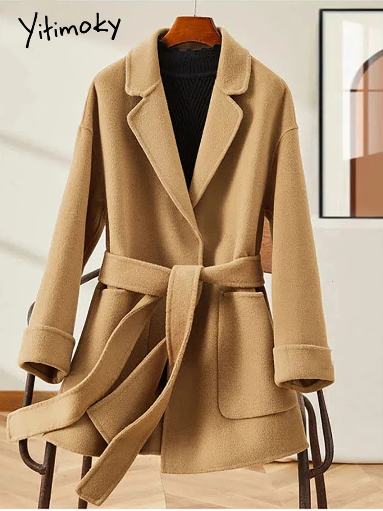 Women's Wool Blends Yitimoky Elegant Solid Jacket for Women Fall Winter 2023 Korean Fashion Oversized Long Sleeve Lace Up Casual Y2k Coats 231120