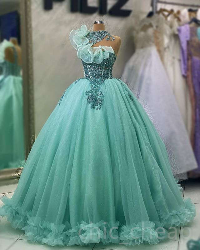 2023 April Aso Ebi Crystals Lace Quinceanera Dresses Sheer Neck Ball Gown Prom Evening Party Pageant Birthday Gowns Dress ZJ0234