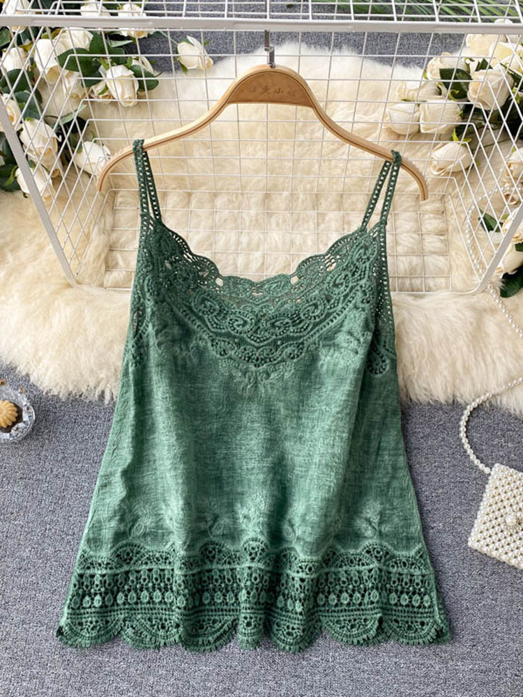 Camisoles Tanks Summer Style Retro Bohemian Embroidery Lace Square Collar Age Reduction All-match Camisole Female Sweet Blouse Women KK520 230421